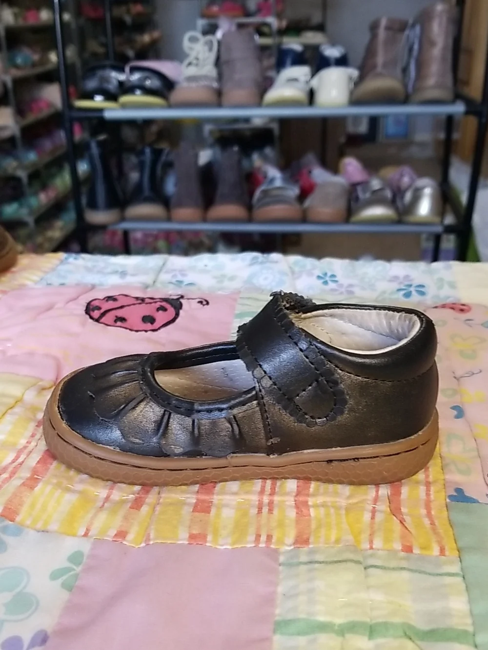 Livie & Luca Black Ruche Mary Jane Shoes with Gold Overspray Size 4